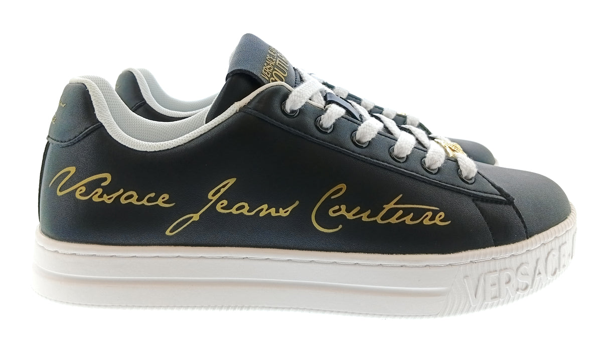 Versace Jeans Couture Womens Black Gold Script Platform Sneakers
