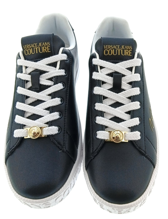 Versace Jeans Couture Womens Black Gold Script Platform Sneakers