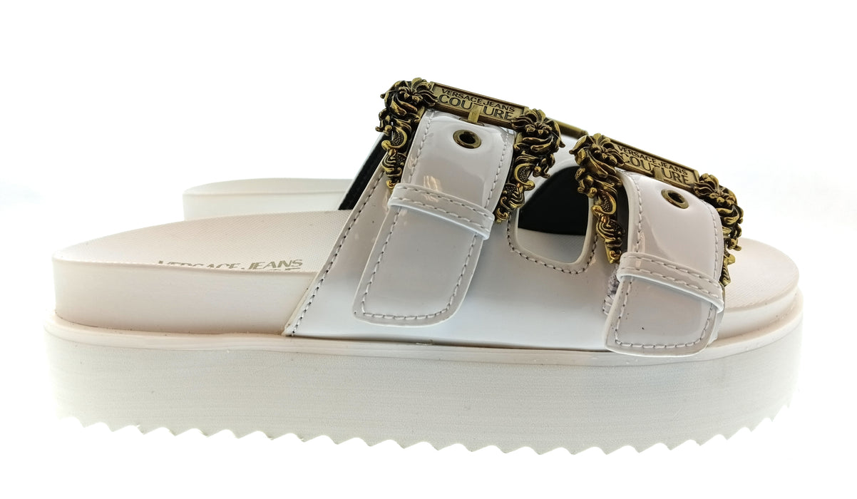 Versace Jeans Couture Womens White Double Buckle Platform Slide Sandals-