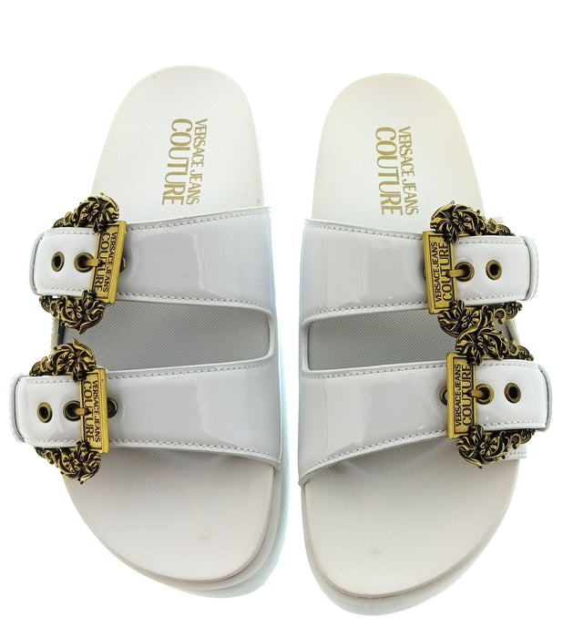 Versace Jeans Couture Womens White Double Buckle Platform Slide Sandals-