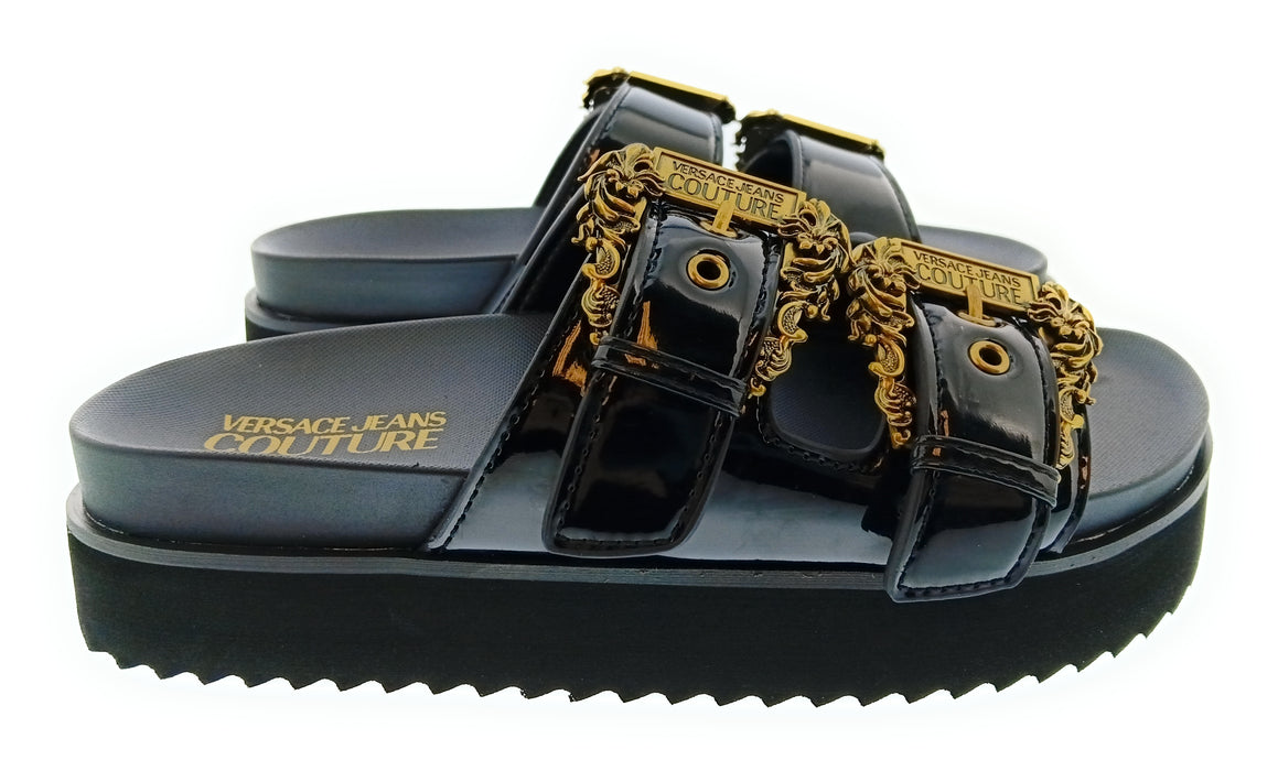 Versace Jeans Couture Womens Black Double Buckle Platform Slide Sandals-