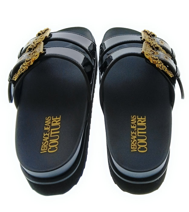Versace Jeans Couture Womens Black Double Buckle Platform Slide Sandals-