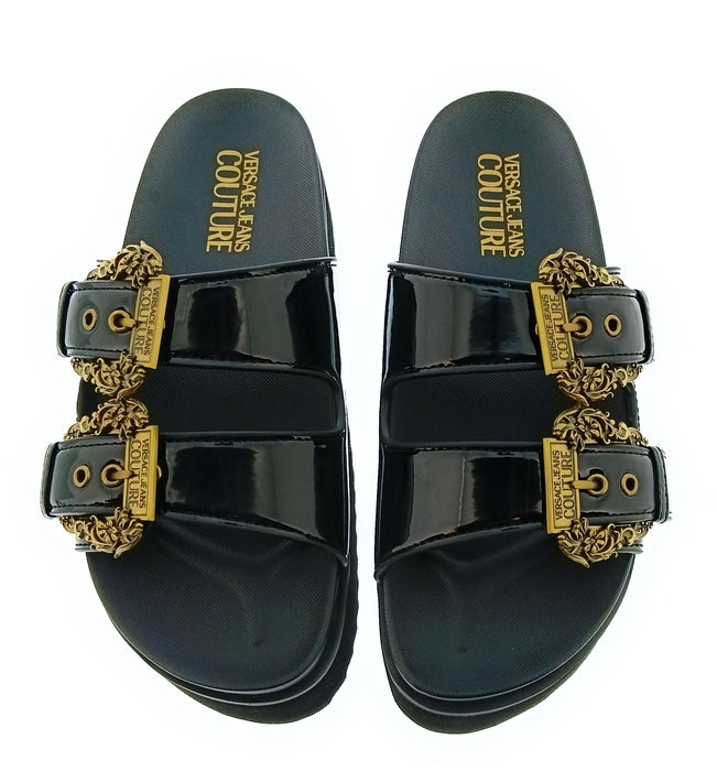 Versace Jeans Couture Womens Black Double Buckle Platform Slide Sandals-