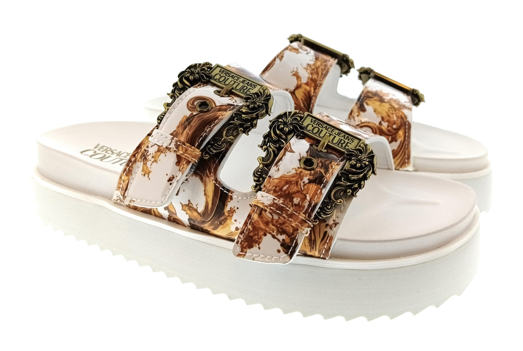 Versace Jeans Couture Womens White Gold Print Platform Slide Sandals-