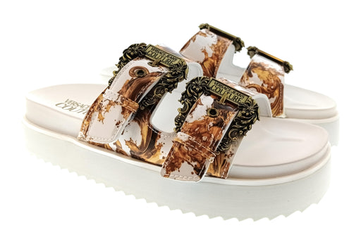 Versace Jeans Couture Womens White Gold Print Platform Slide Sandals-