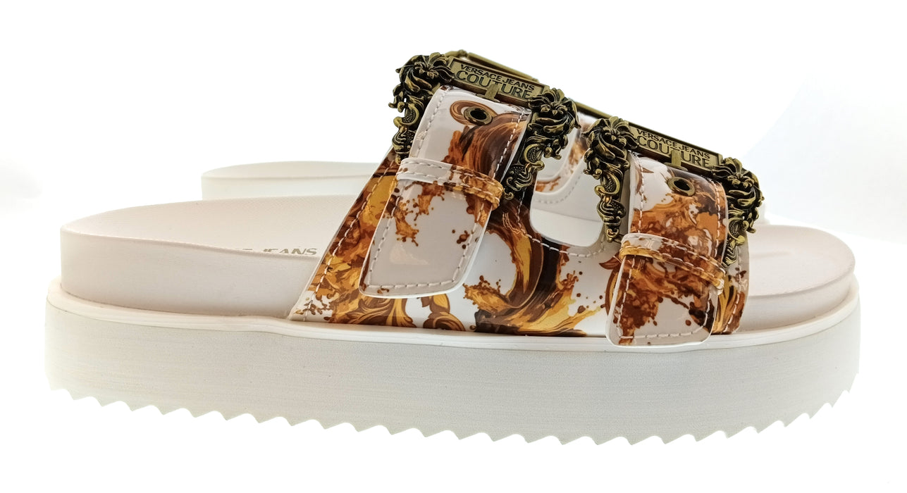 Versace Jeans Couture Womens White Gold Print Platform Slide Sandals-