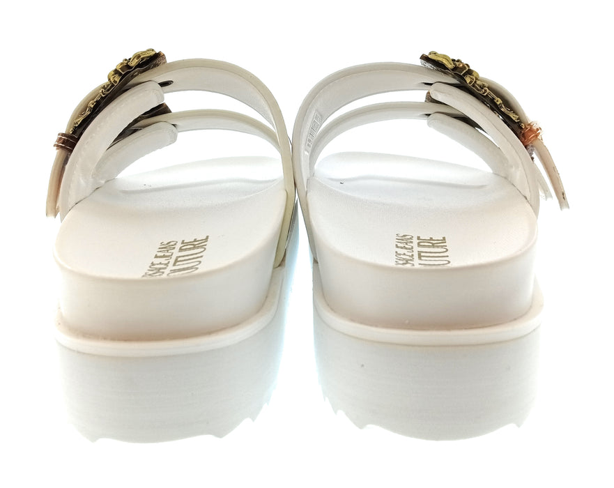 Versace Jeans Couture Womens White Gold Print Platform Slide Sandals-