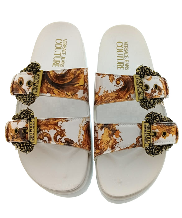 Versace Jeans Couture Womens White Gold Print Platform Slide Sandals-