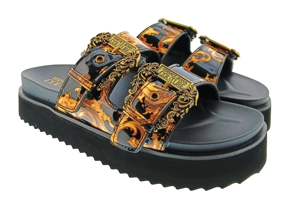 Versace Jeans Couture Womens Black Gold Print Platform Slide Sandals-8