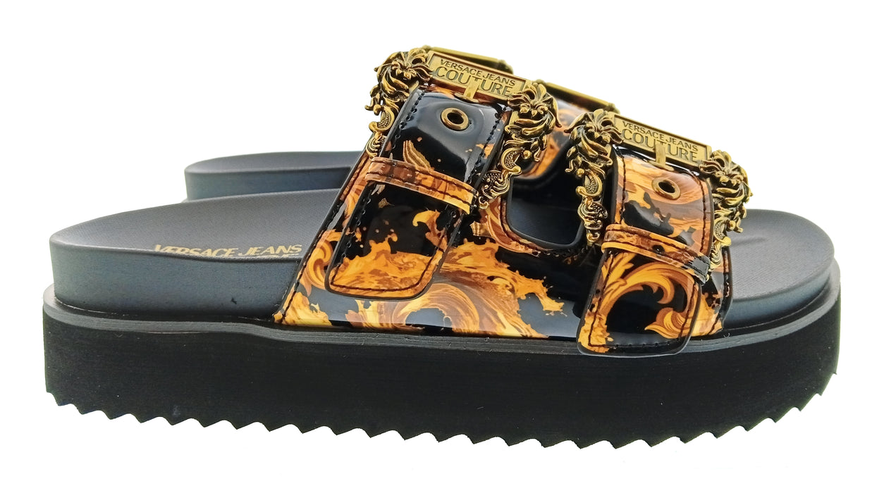 Versace Jeans Couture Womens Black Gold Print Platform Slide Sandals-