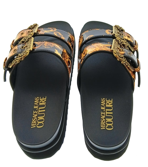 Versace Jeans Couture Womens Black Gold Print Platform Slide Sandals-