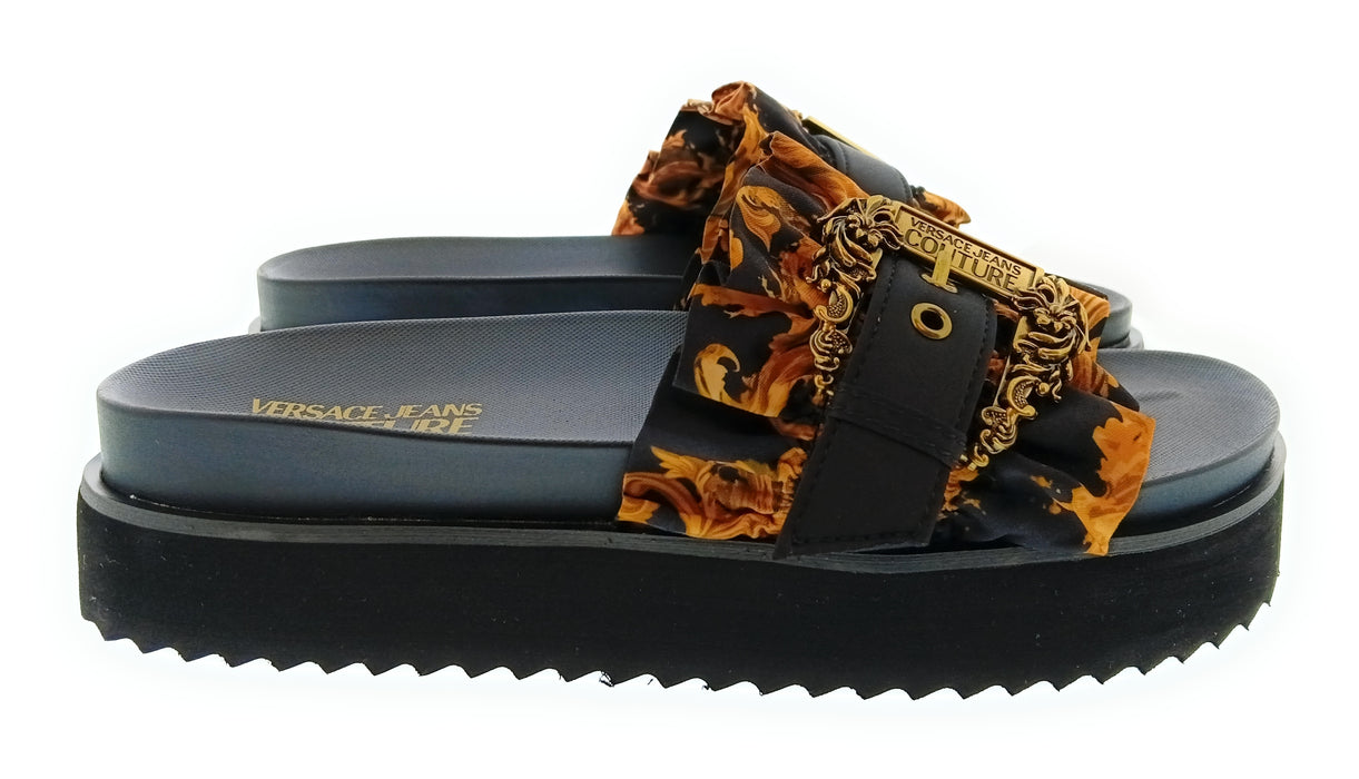 Versace Jeans Couture Womens Black Ruffle Platform Slide Sandals-