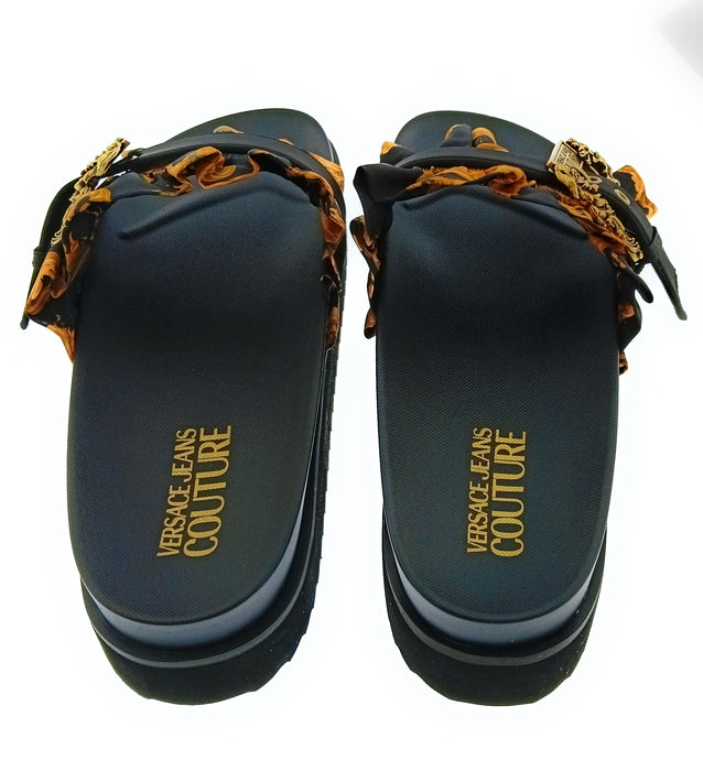 Versace Jeans Couture Womens Black Ruffle Platform Slide Sandals-