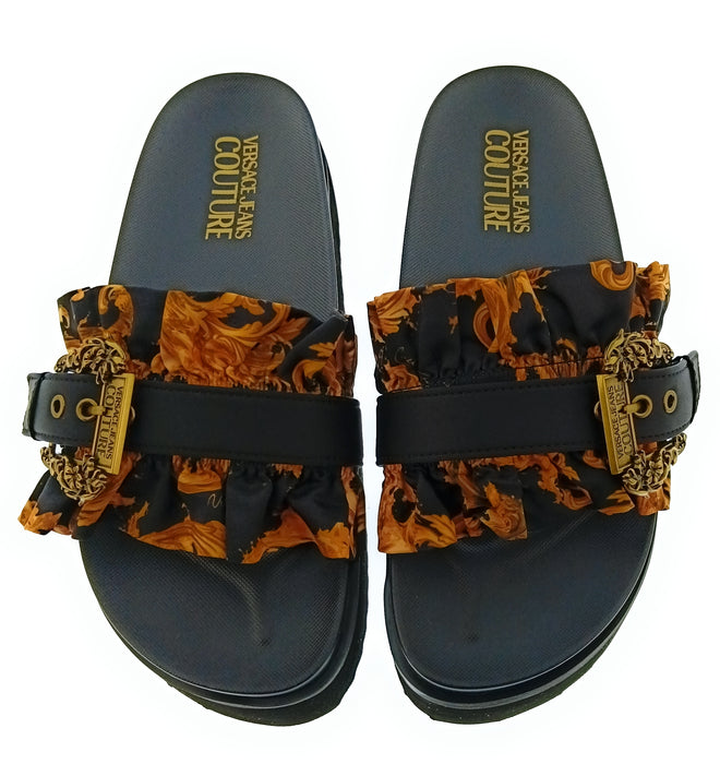 Versace Jeans Couture Womens Black Ruffle Platform Slide Sandals-