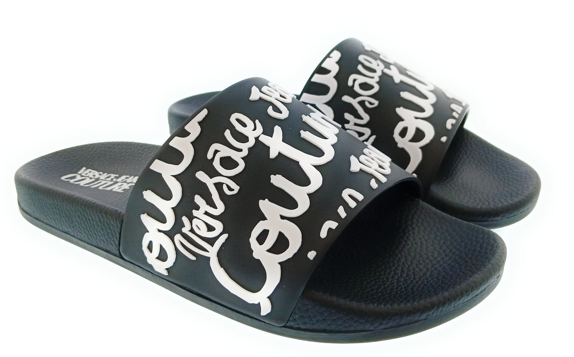 Versace Jeans Couture Womens Black White Graffiti Logo Slide Sandals-