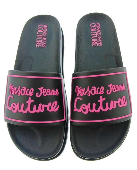 Versace Jeans Couture Womens Black Pink Logo Pool Slide Sandals-