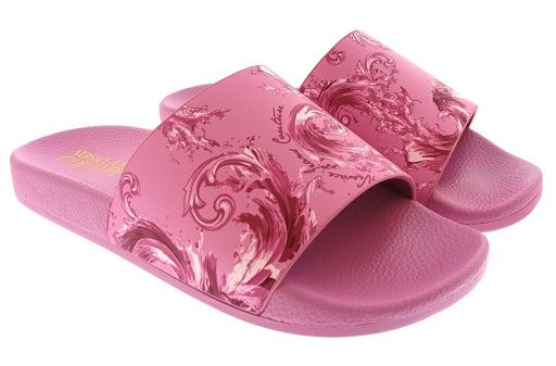 Versace Jeans Couture Womens Orchid Baroque Print Slide Sandals-
