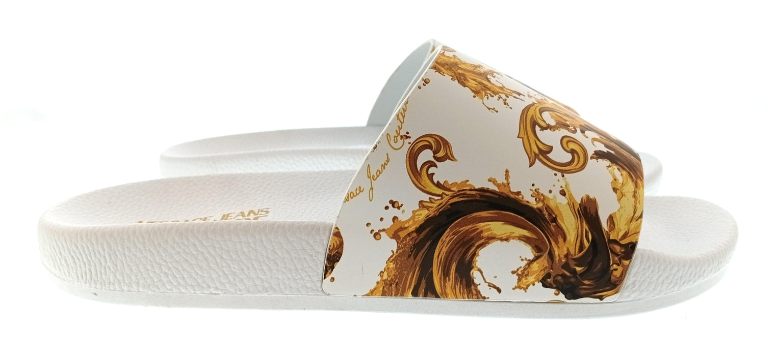 Versace Jeans Couture Womens White Gold Baroque Print Slide Sandals-