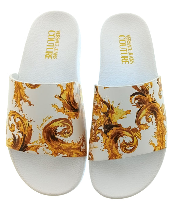 Versace Jeans Couture Womens White Gold Baroque Print Slide Sandals-