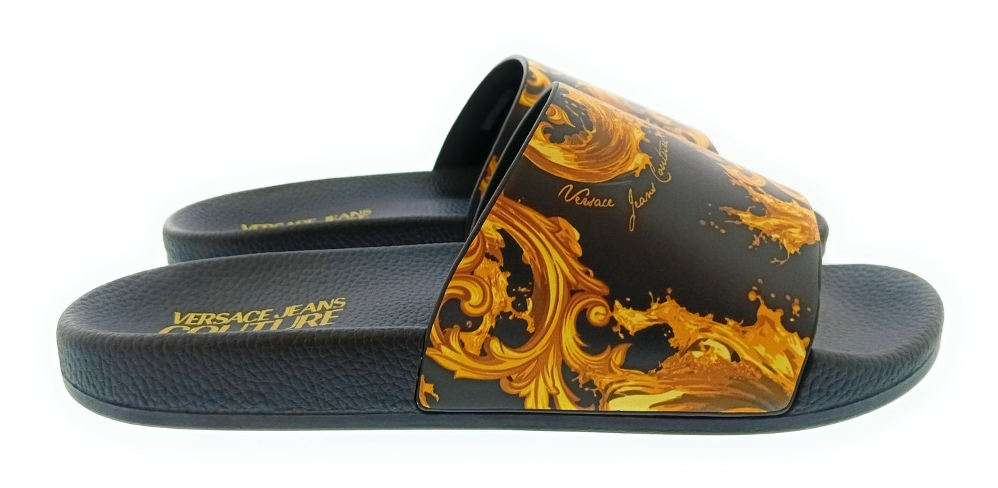 Versace Jeans Couture Womens Black Gold Baroque Print Slide Sandals-