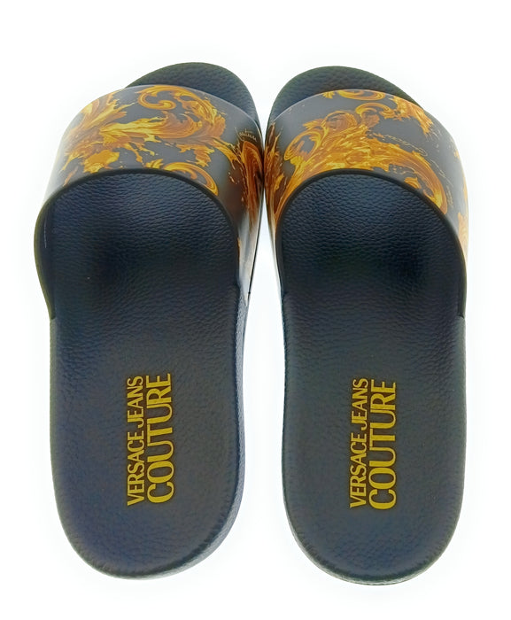 Versace Jeans Couture Womens Black Gold Baroque Print Slide Sandals-