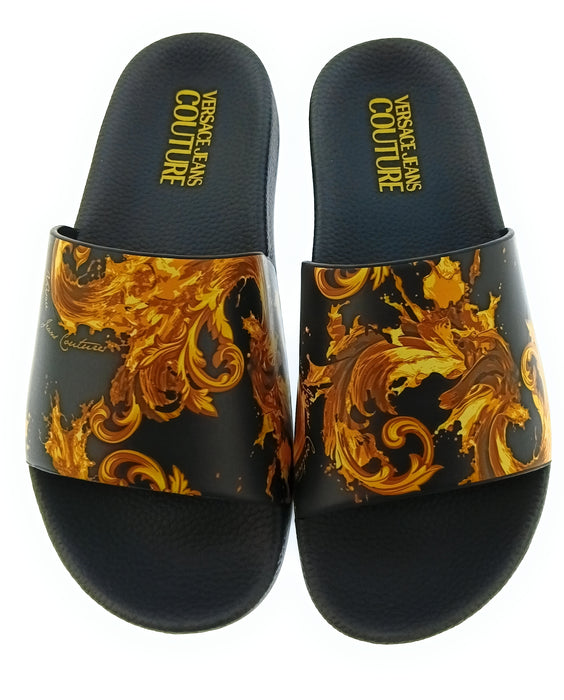 Versace Jeans Couture Womens Black Gold Baroque Print Slide Sandals-