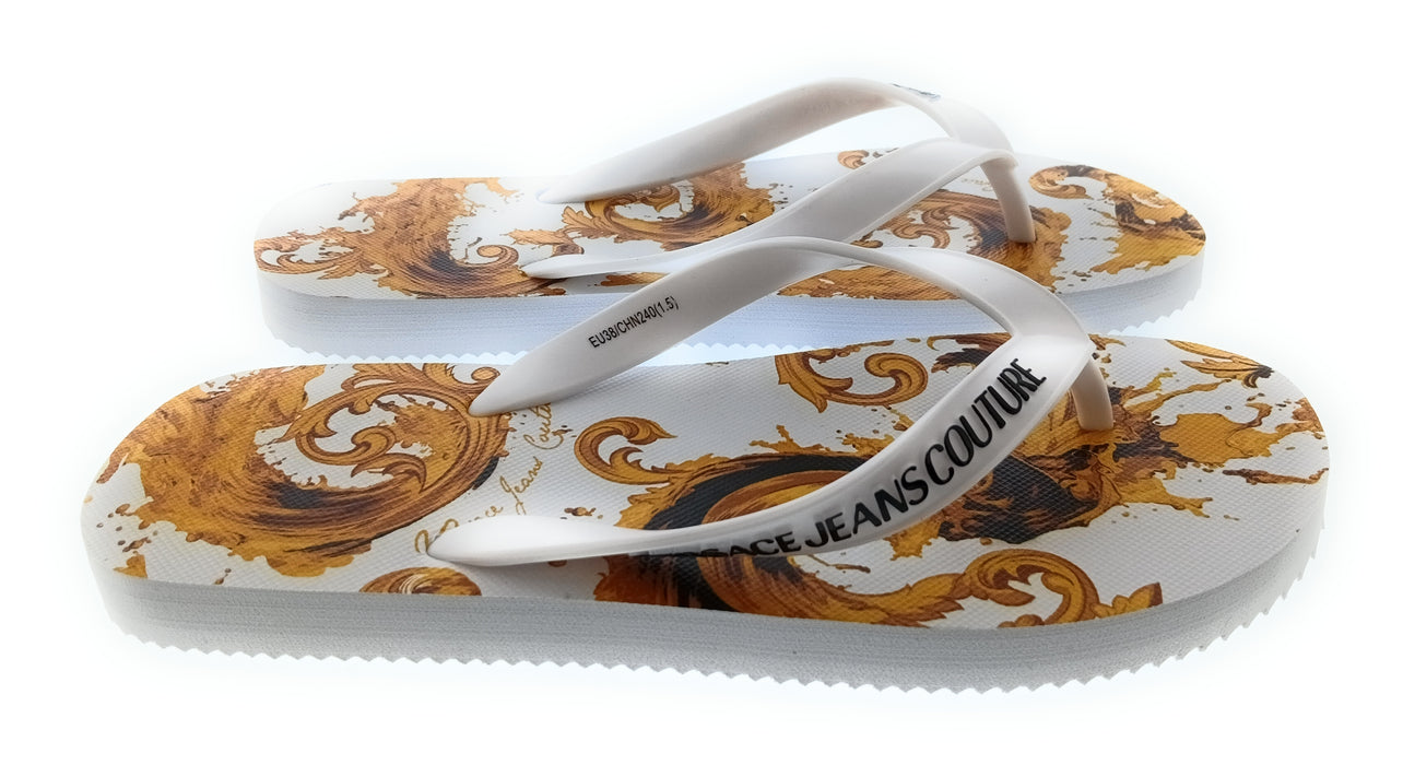 Versace Jeans Couture Womens White Gold Baroque Print Flip-Flops