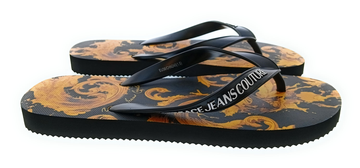 Versace Jeans Couture Womens Black Gold Baroque Print Flip-Flops