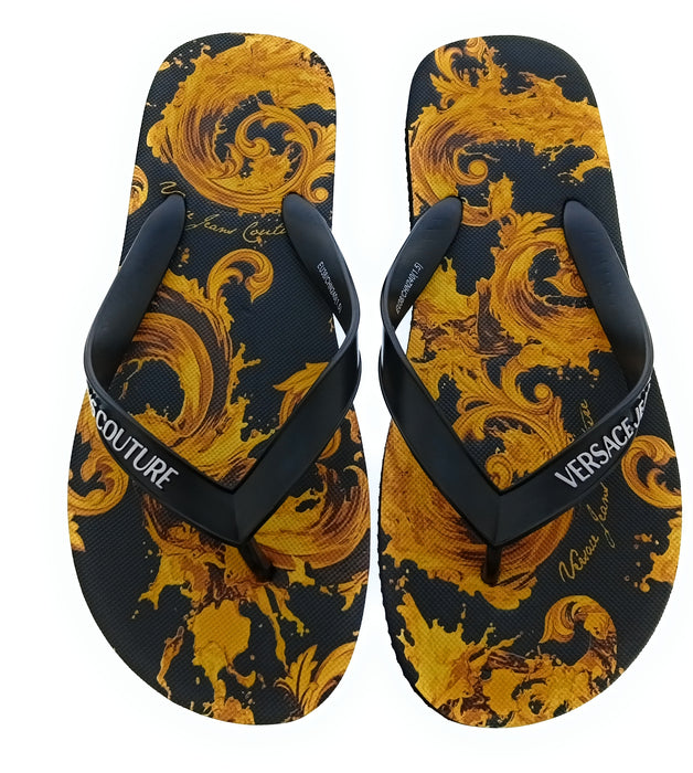Versace Jeans Couture Womens Black Gold Baroque Print Flip-Flops