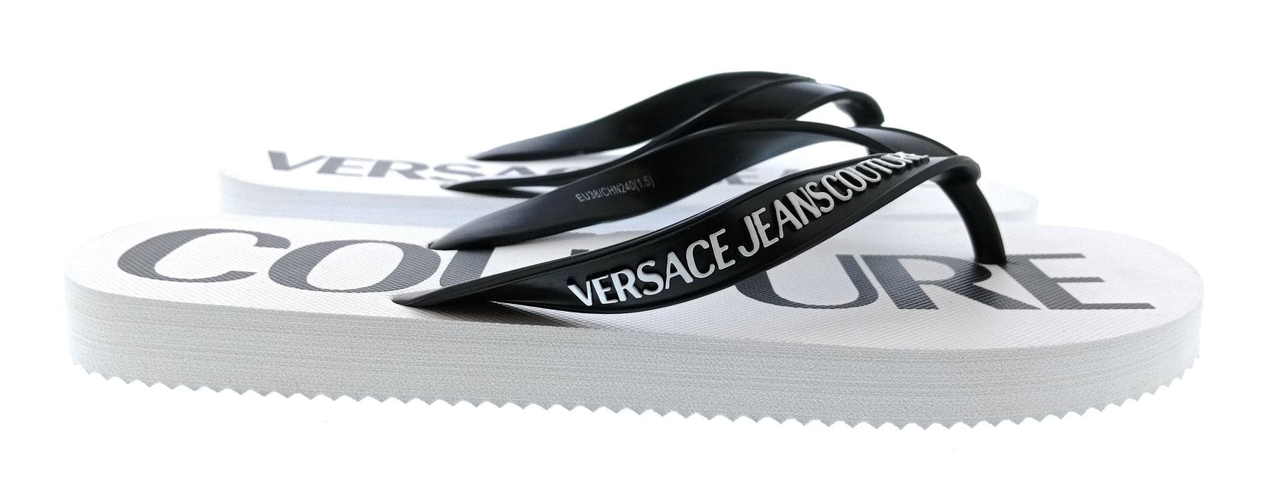 Versace Jeans Couture Womens White Black Logo Print Flip-Flops
