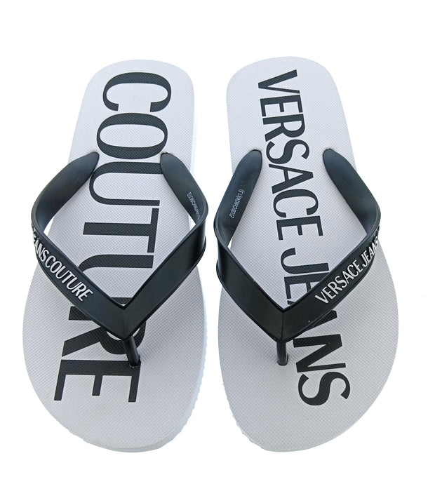 Versace Jeans Couture Womens White Black Logo Print Flip-Flops