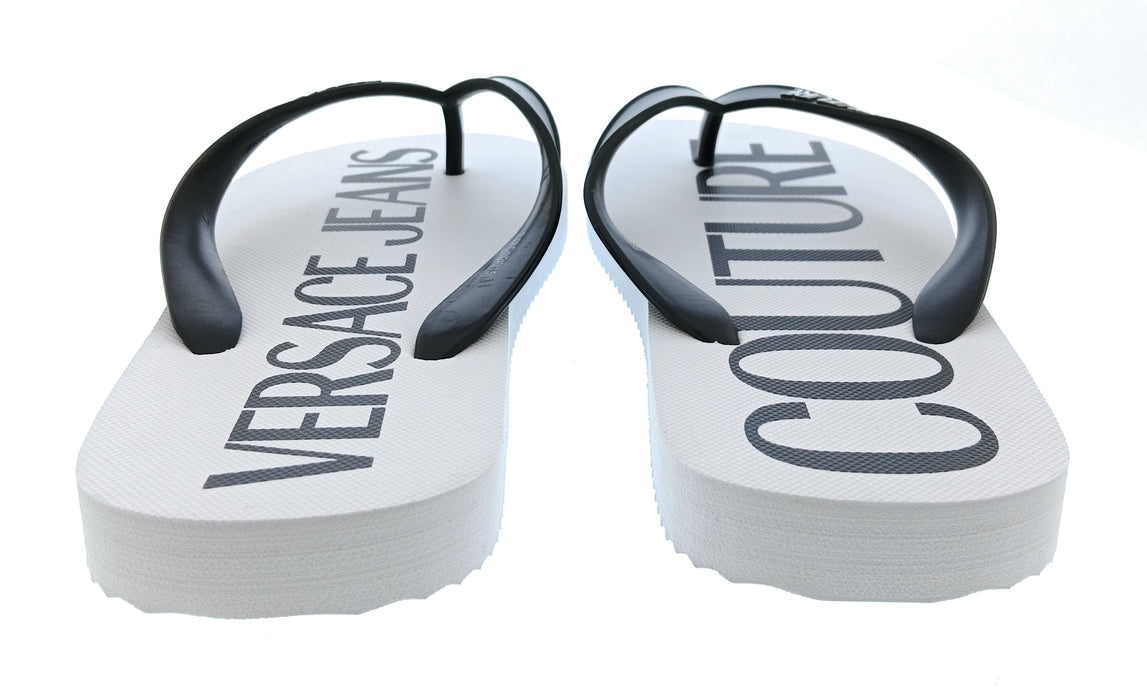 Versace Jeans Couture Womens White Black Logo Print Flip-Flops