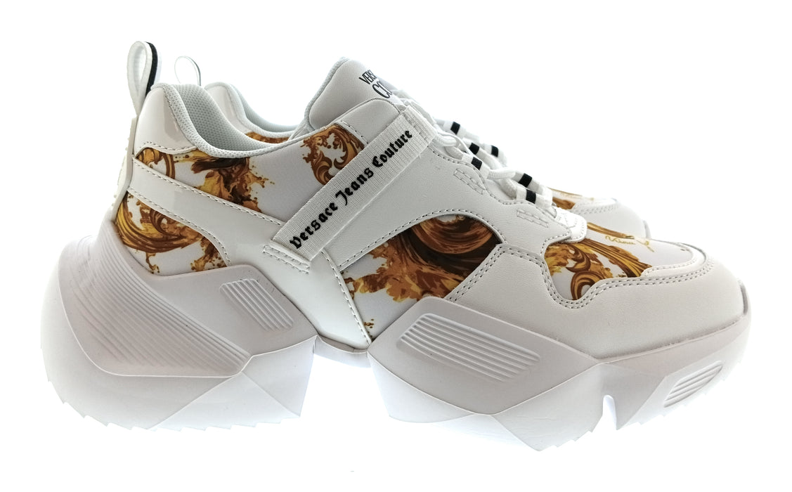 Versace Jeans Couture Womens White Gold Baroque Strap Chunky Sneakers