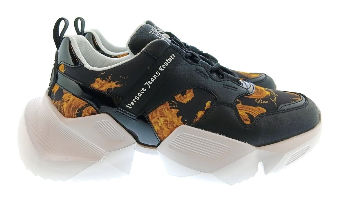 Versace Jeans Couture Womens Black Gold Baroque Strap Chunky Sneakers