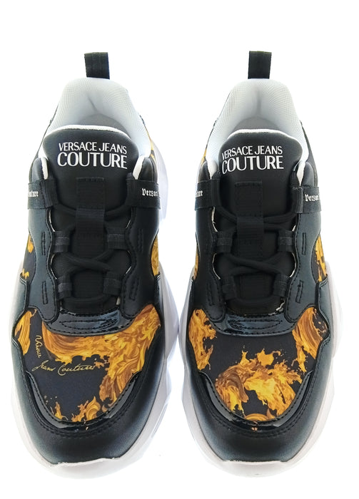 Versace Jeans Couture Womens Black Gold Baroque Strap Chunky Sneakers