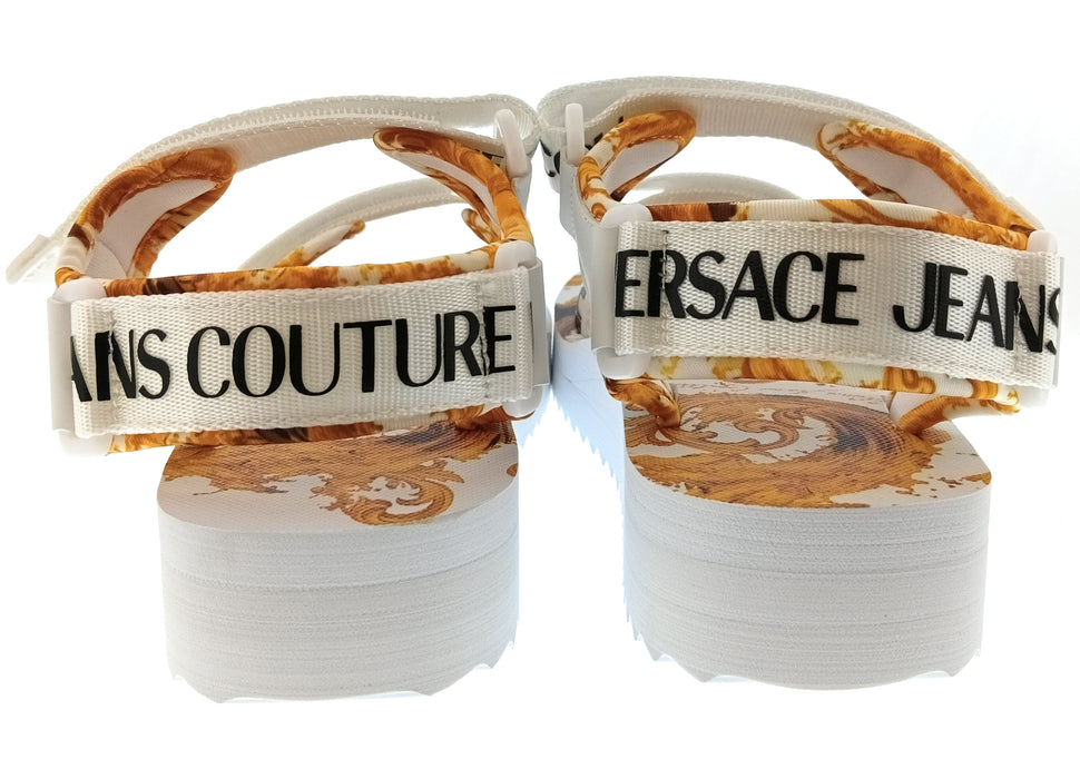 Versace Jeans Couture Womens White Gold Logo Strap Platform Sandals-