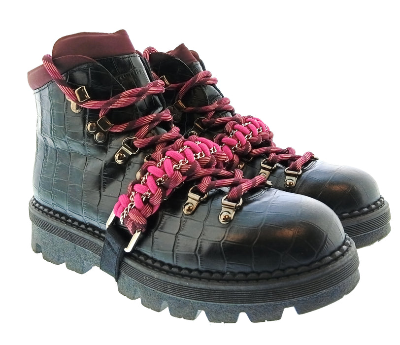Pinko Women's Black and Fuchsia Lace-Up Hiking Ankle Boots-10.5