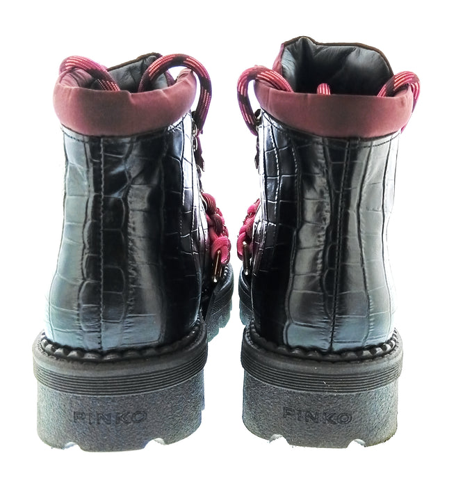 Pinko Women's Black and Fuchsia Lace-Up Hiking Ankle Boots-