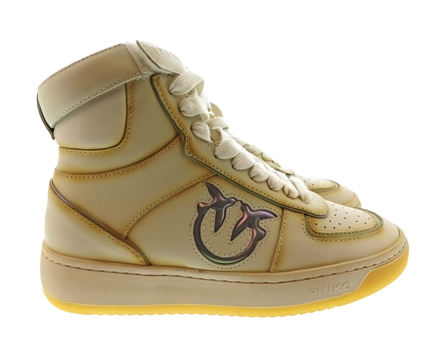 Pinko Women's Beige and Gold Logo High-Top Sneakers-