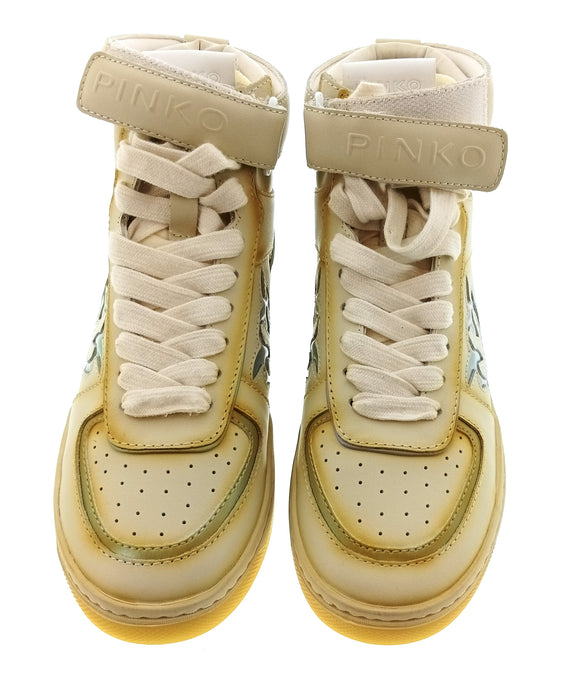 Pinko Women's Beige and Gold Logo High-Top Sneakers-