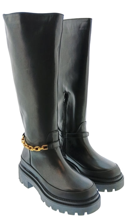 Pinko Women's Black Chain-Trim Knee-High Lug Boots-9