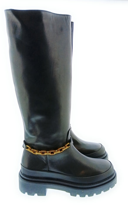 Pinko Women's Black Chain-Trim Knee-High Lug Boots-