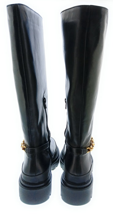 Pinko Women's Black Chain-Trim Knee-High Lug Boots-