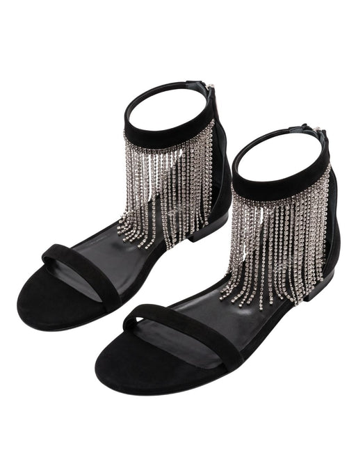 Pinko Women's Black Embellished Mesh Ankle-Strap Flats-11