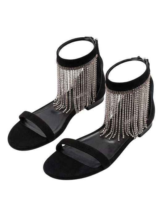 Pinko Women's Black Embellished Mesh Ankle-Strap Flats-11