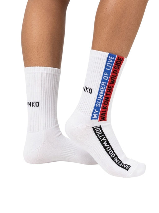 Pinko Women's White Slogan Ribbed Crew Socks