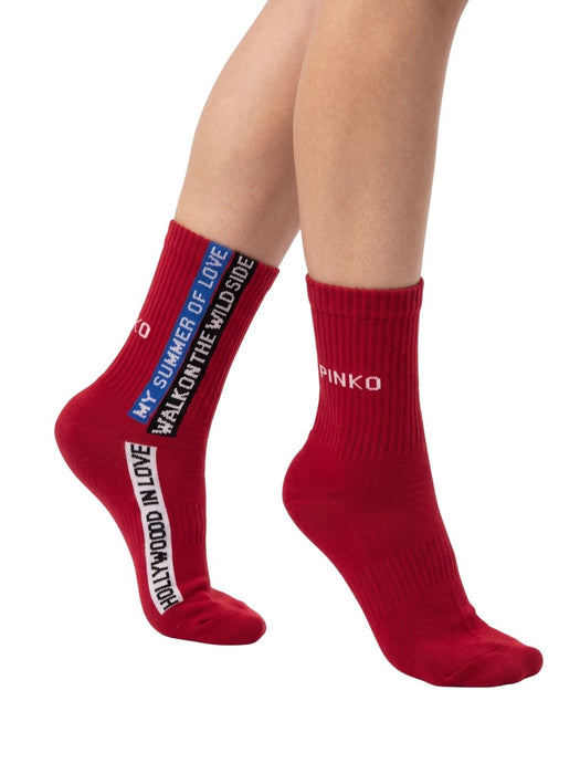 Pinko Women's Red Slogan Ribbed Crew Socks-S