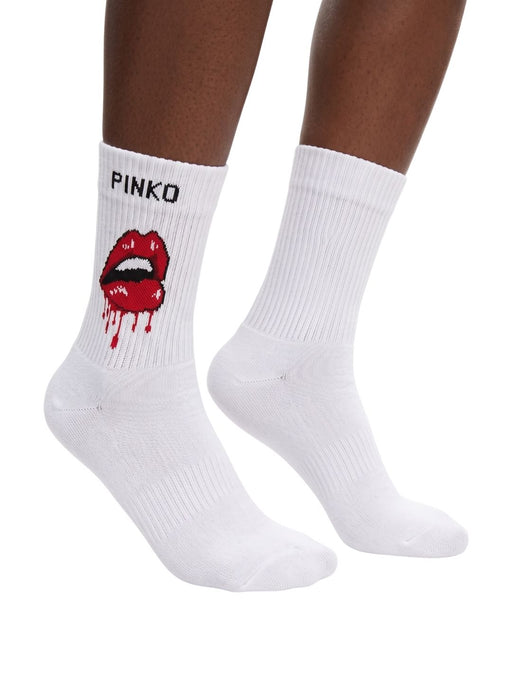 Pinko Women's White Graphic Ribbed Crew Socks-M