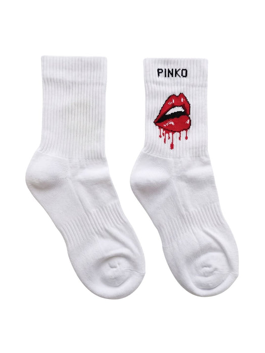 Pinko Women's White Graphic Ribbed Crew Socks-M
