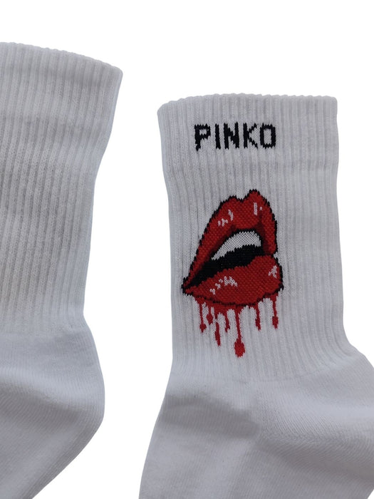 Pinko Women's White Graphic Ribbed Crew Socks-M